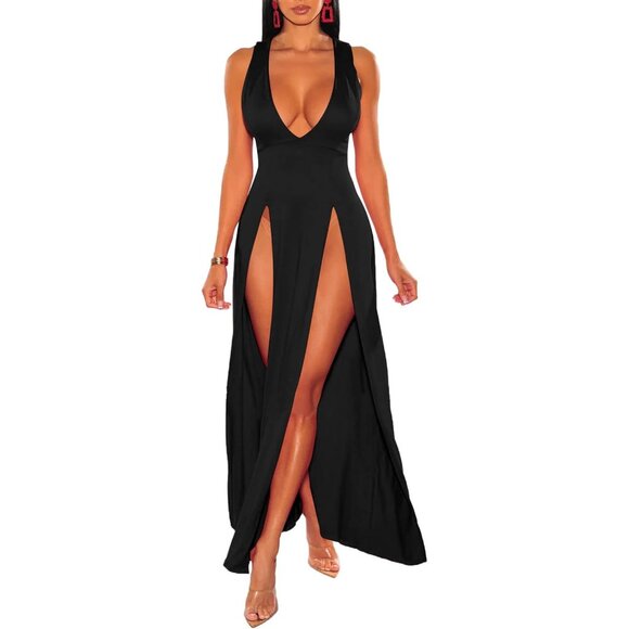Women's Plus Size Sleeveless Deep V Neck Maxi Dress High Side Slit Summer - Picture 3 of 6